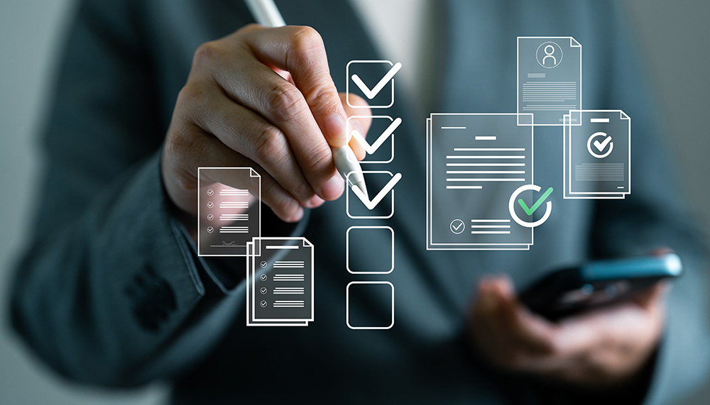 Checklist and document icons represent Link Socially’s revenue-driven SEO governance—clear tracking, validation, and accountability to outcomes.