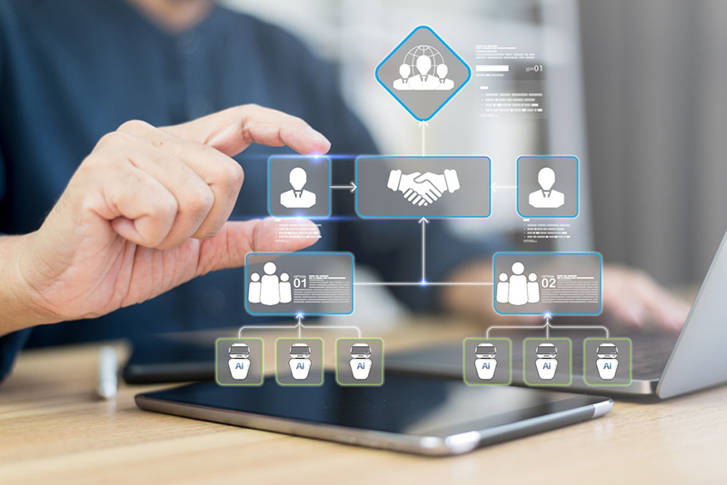 A digital workflow and handshake represent Link Socially’s Organic Growth Engine—governed collaboration, approvals, and scalable execution across teams.