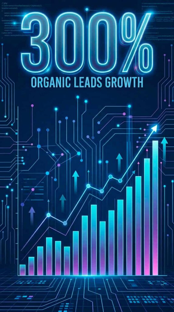 300% organic leads growth graphic representing Link Socially’s home builder SEO results from improved local search visibility and on-page optimization.