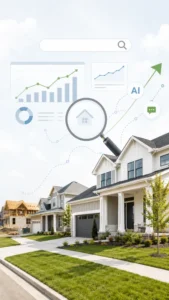 A magnifying glass and digital charts overlaying a suburban neighborhood, representing AI-driven SEO forecasting and market analysis.