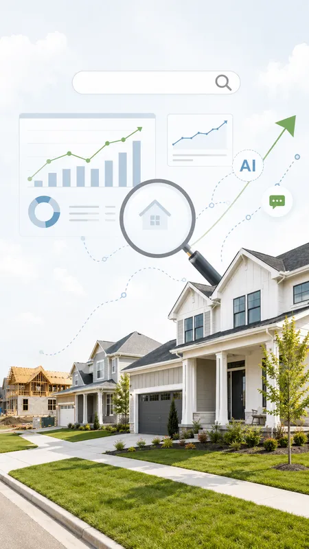 A magnifying glass and digital charts overlaying a suburban neighborhood, representing AI-driven SEO forecasting and market analysis.