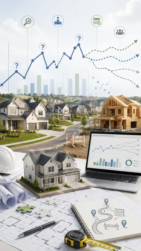 A desk with architectural plans, a house model, a laptop with charts, and digital forecasting icons overlaid on a suburban housing development scene.