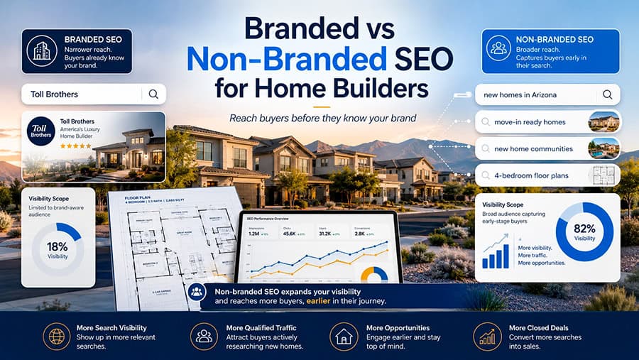Visual comparing branded and non-branded SEO showing how Link Socially helps home builders earn more non-branded organic traffic and reduce overlap risk.