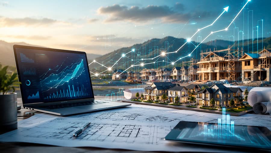 Home builder market growth scene representing Link Socially’s home builder SEO forecast, SEO lead forecasting, and reporting for realistic expectations.