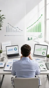 Professional at a desk with dual monitors viewing retrospective data charts and futuristic upward growth SEO projections.