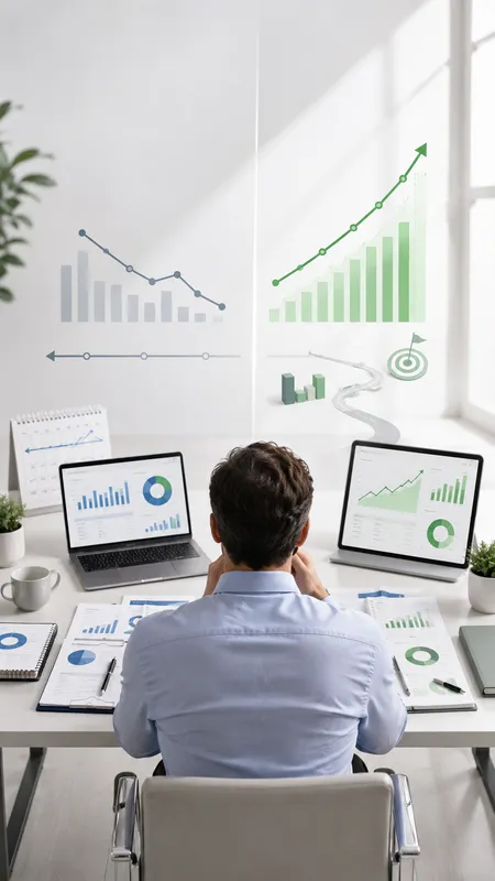 Professional at a desk with dual monitors viewing retrospective data charts and futuristic upward growth SEO projections.