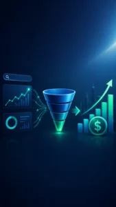 A digital funnel converting SEO analytics and search data into revenue growth and financial success represented by charts.