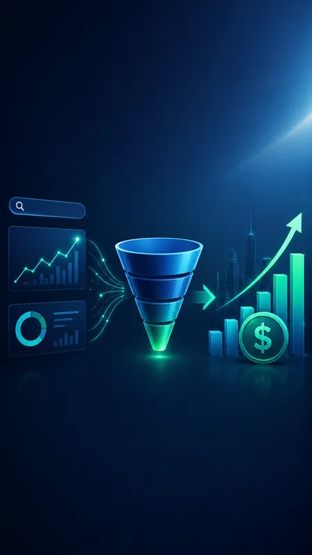 A digital funnel converting SEO analytics and search data into revenue growth and financial success represented by charts.