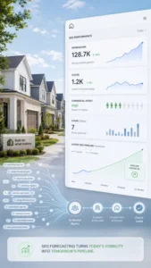 Dashboard showing SEO performance metrics, keyword search nodes, and a growth forecast chart for home builders.