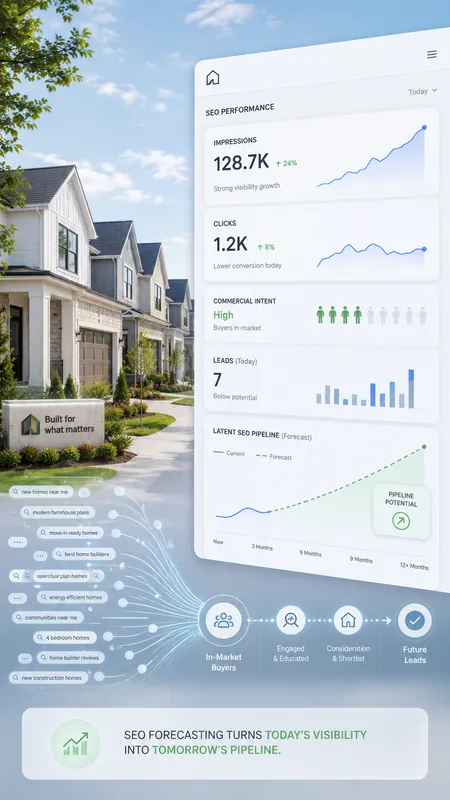Dashboard showing SEO performance metrics, keyword search nodes, and a growth forecast chart for home builders.