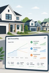 A digital tablet showing SEO forecasting charts with three growth scenarios overlaid on a suburban housing development background.