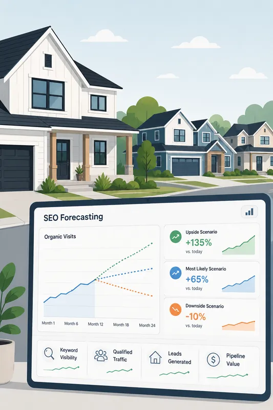 A digital tablet showing SEO forecasting charts with three growth scenarios overlaid on a suburban housing development background.