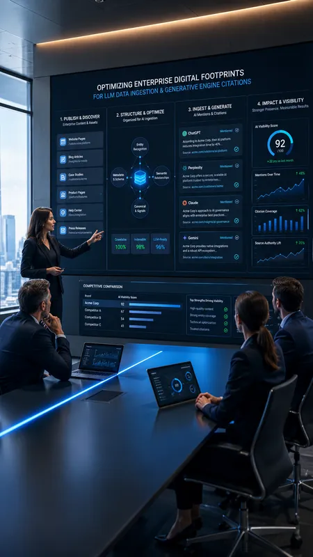 Executive pointing at a digital screen showing AI search visibility metrics and enterprise content optimization strategies during a boardroom meeting.