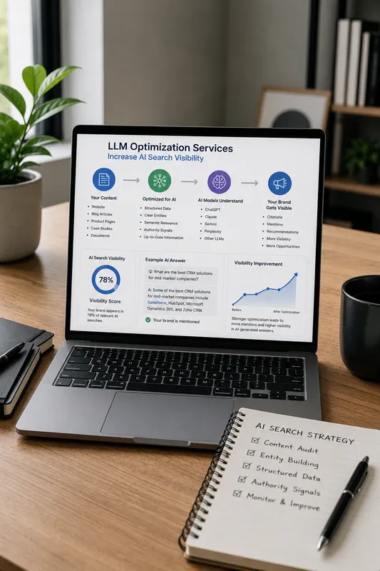 Laptop screen showing LLM optimization workflow and AI search visibility metrics with a notepad on a wooden desk.