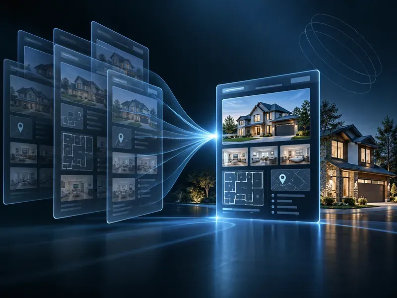 Futuristic holographic panels displaying modern house designs and blueprints connected by light beams for home builder SEO services.