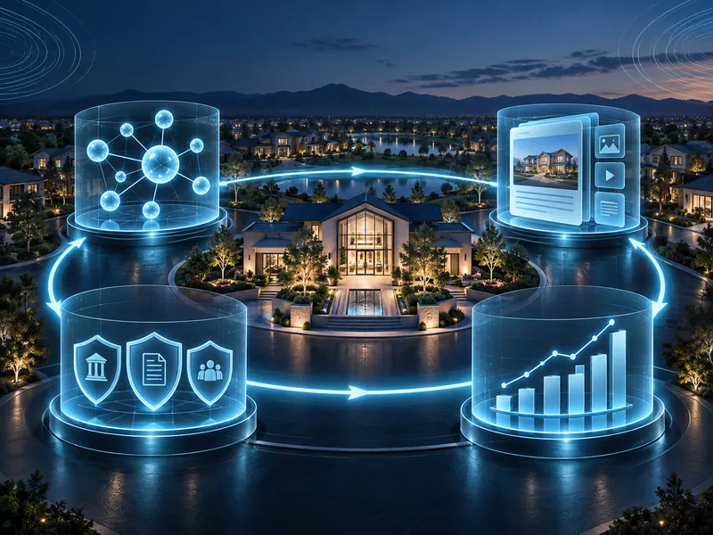 AI search optimization framework diagram connecting home builder data, content, security, and analytics in a digital neighborhood.