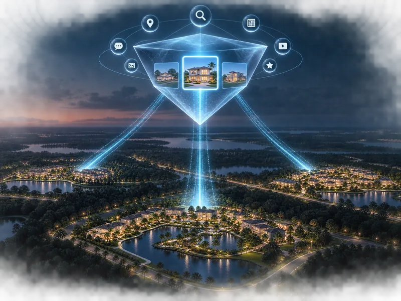 Futuristic holographic pyramid projecting search and media icons over a real estate development at night.
