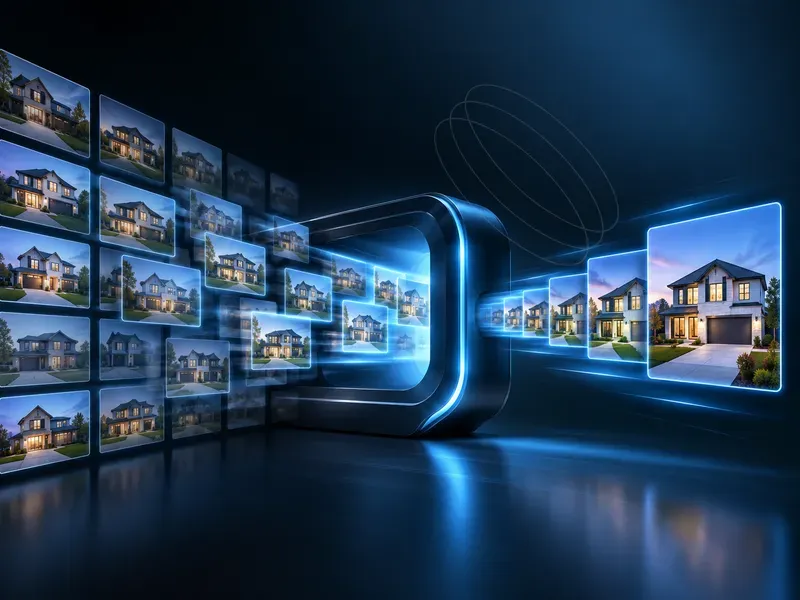 Digital display of houses moving through a glowing futuristic conduit, representing real estate data and online visibility.