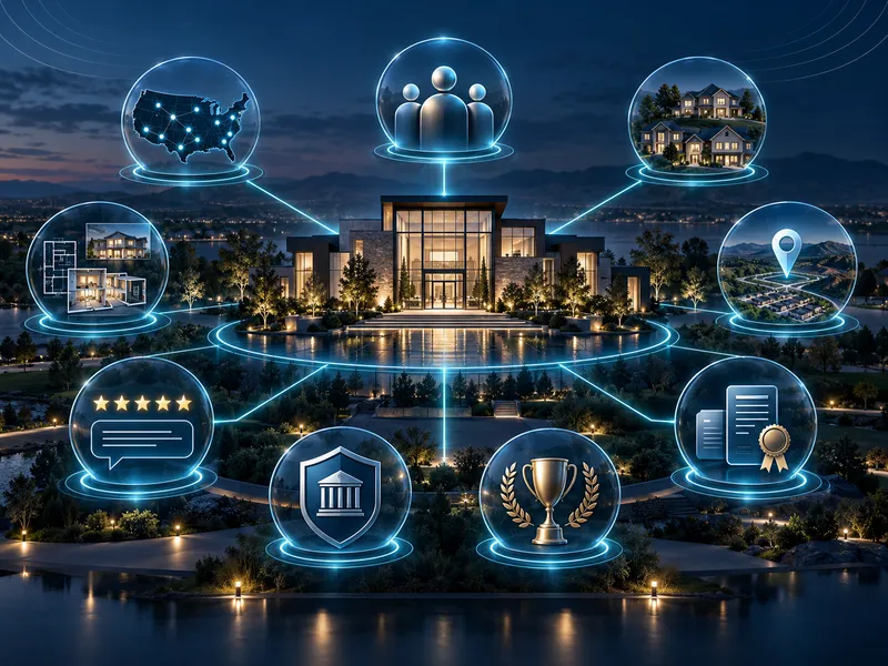 Diagram showing digital spheres with icons connected to a modern building, representing entity authority engineering for home builders.