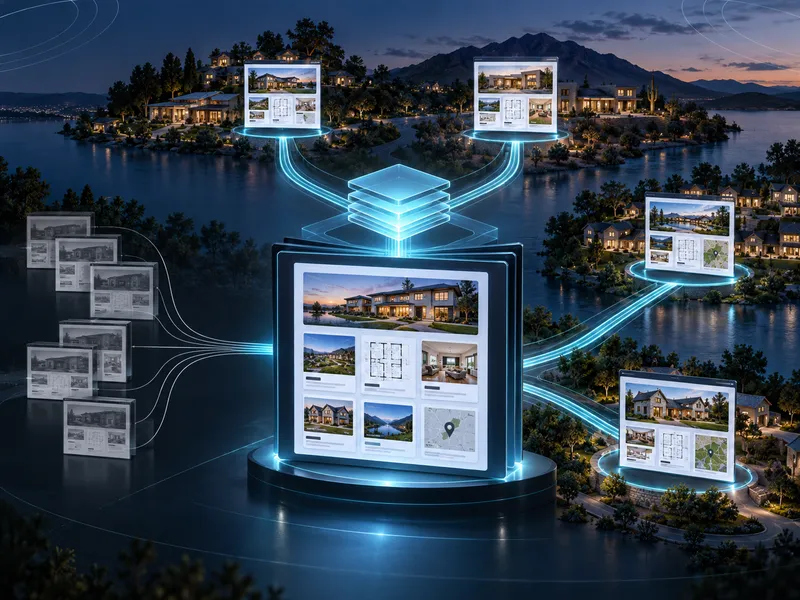 Digital workflow connecting central home builder content strategy nodes to various architectural web pages over a landscape.