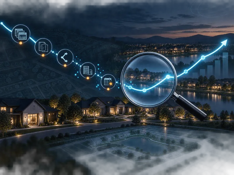 Magnifying glass over a growing trend chart representing home builder SEO audit and traffic recovery.