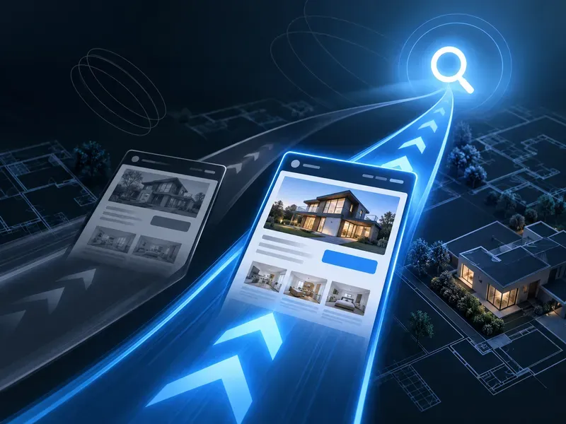 Digital search path and mobile phone interface showing home builder websites over architectural blueprints and modern homes.