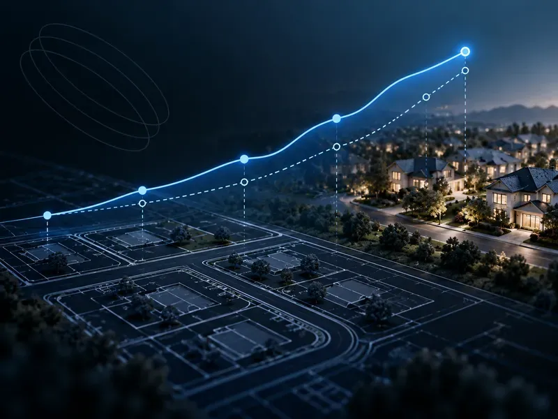Upward SEO growth chart and forecasting data overlay on a residential housing development and architectural blueprint.