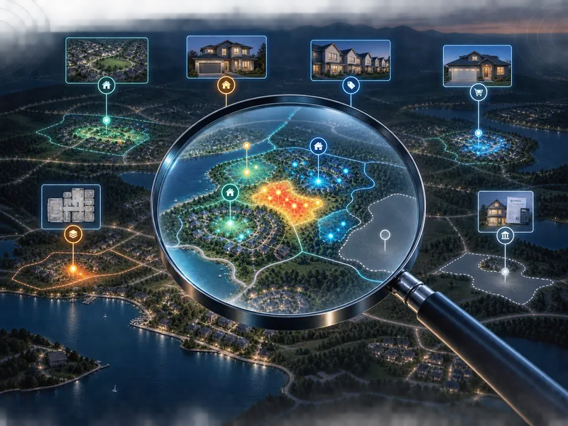 Magnifying glass over a map of a residential community highlighting market intelligence data and keyword analysis for home builders.