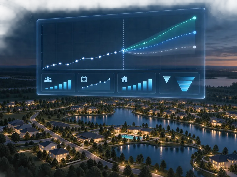 Holographic dashboard displaying SEO forecasting charts and analytics over a suburban housing community at sunset.