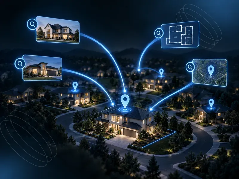 Glowing digital interfaces showing house blueprints and property locations connected to a suburban neighborhood aerial view.