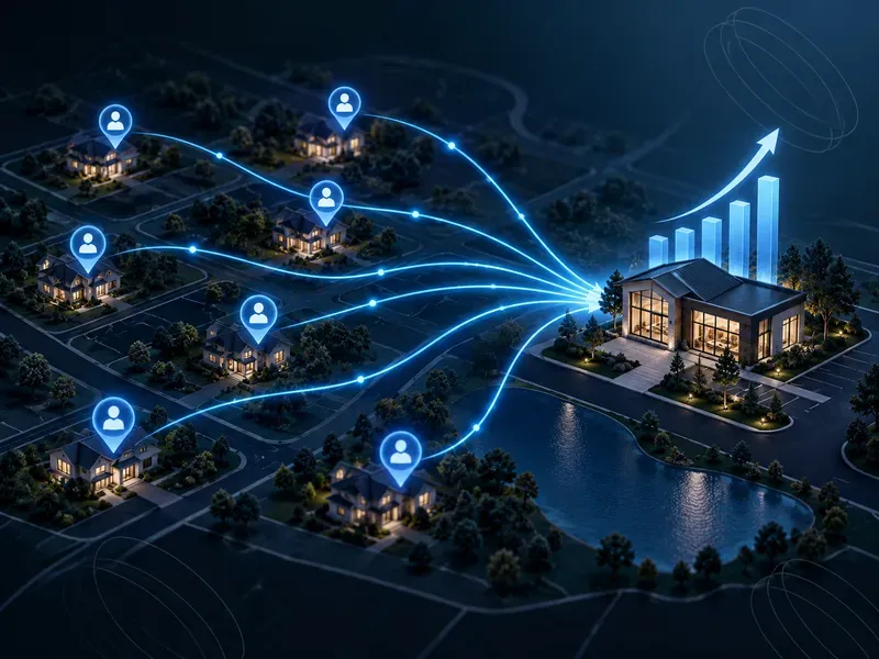 A neighborhood map with blue location pins connected to a central building showing growth charts and SEO connectivity.