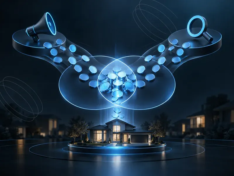 Conceptual graphic showing marketing and search icons channeling digital currency toward a modern home model.