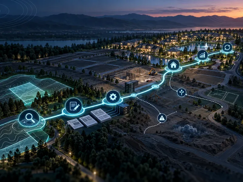 Digital workflow nodes mapped over a residential construction site illustrating home builder SEO strategy roadmapping.