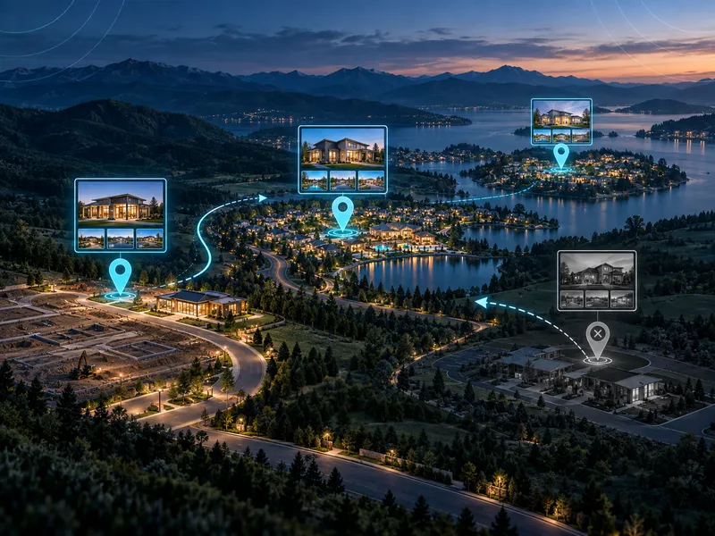 Aerial view of a residential community at twilight with digital location pins and screens showing home builder properties.
