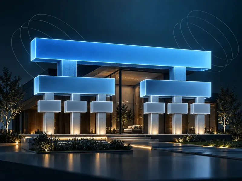 Futuristic modern home entrance illuminated with glowing blue architectural structures representing advanced home builder SEO services.