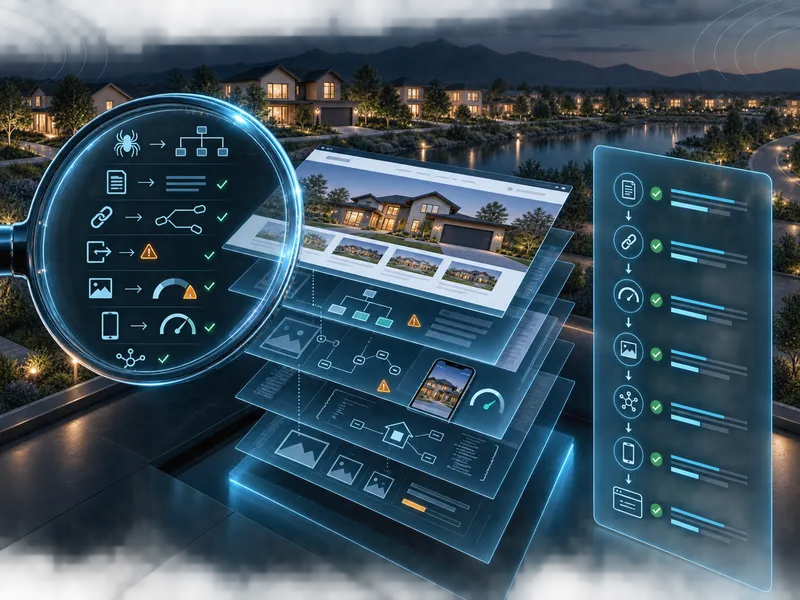 A magnifying glass inspecting layered technical SEO icons and website performance data for a home building company.