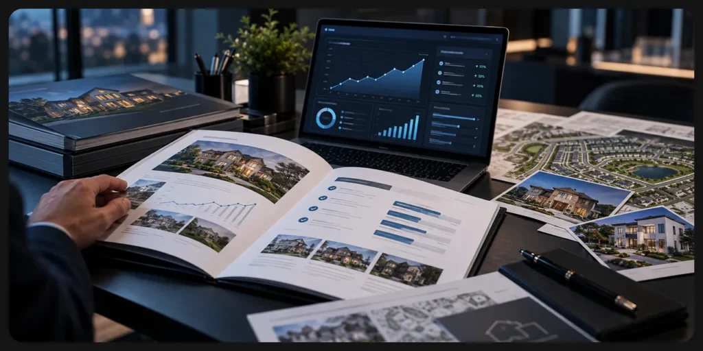 Portátil con gráficos estadísticos y documentos de análisis inmobiliario sobre un escritorio de oficina.