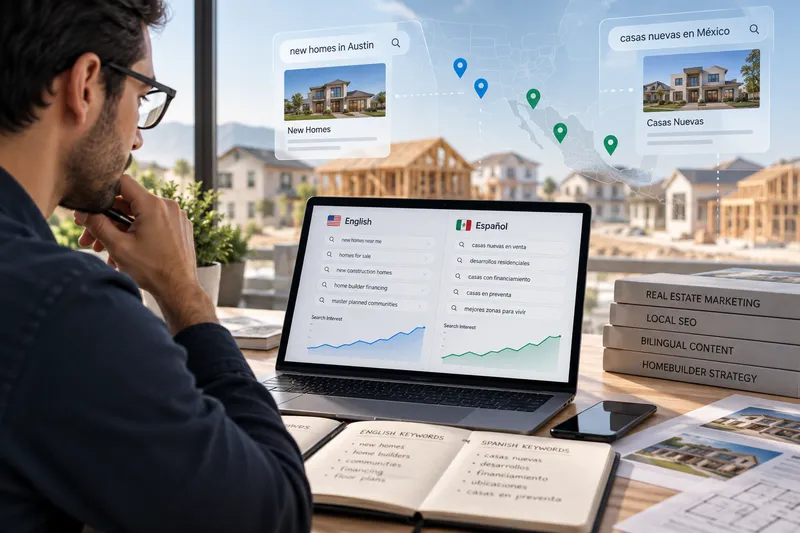 Marketer reviewing bilingual real estate SEO analytics and search queries on a laptop overlooking a new construction housing development.