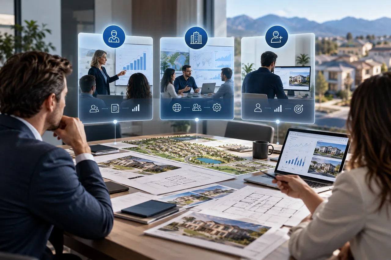 Business professionals reviewing architectural blueprints and digital growth analytics in a strategic planning meeting for home builders.
