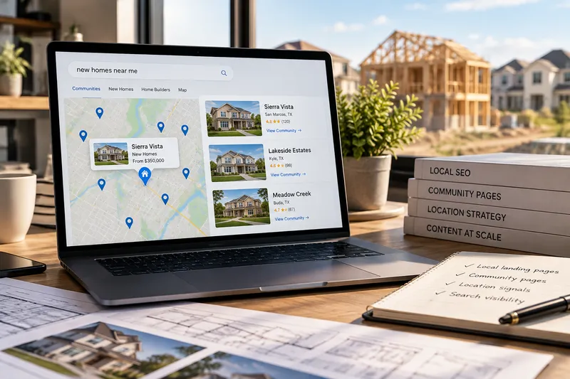 Laptop showing local real estate map and housing communities on screen next to blueprints.