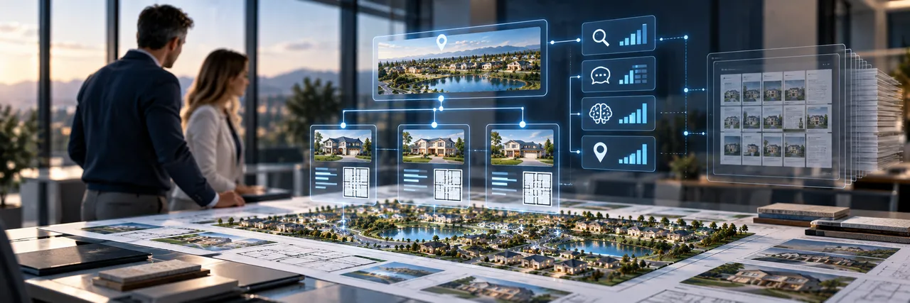 Homebuilders reviewing an interactive holographic master plan of a residential community with digital analytics interfaces.