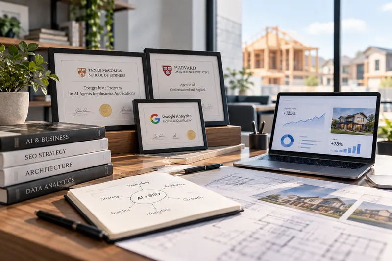Workspace showing homebuilder SEO strategies, architectural blueprints, data analytics on laptop, and professional business certificates.