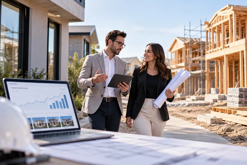 Homebuilder marketing consultants reviewing SEO analytics on a tablet at a residential construction site.