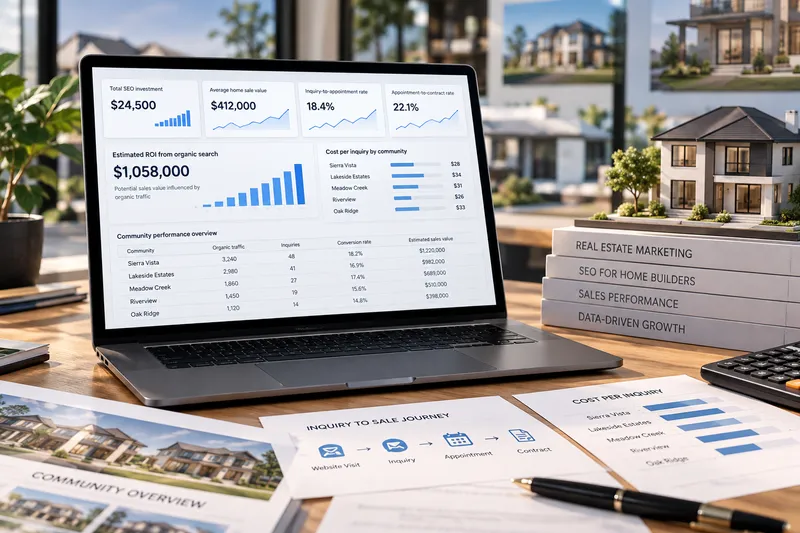 Laptop displaying home builder SEO revenue analytics and ROI metrics next to real estate marketing books.
