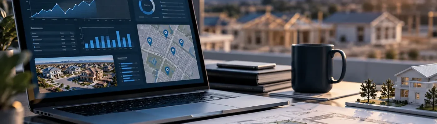Laptop screen showing home builder SEO reporting, charts, and real estate forecasting metrics outdoors at sunset.
