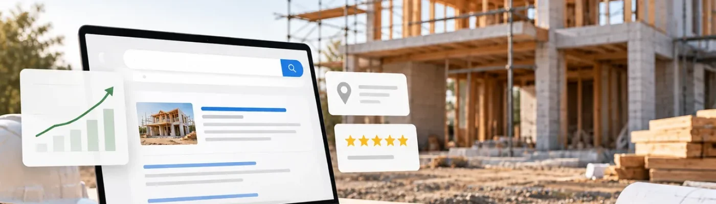 Laptop on blueprints showing homebuilder SEO metrics with a residential construction site in the background.